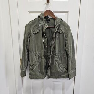 I Love Ronson Olive Green Hooded Utility Jacket XS Drawstring Waist Button Zip